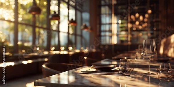 Obraz modern restaurant interior, soft golden hour light streaming through floor-to-ceiling windows, elegant marble tables with polished cutlery,