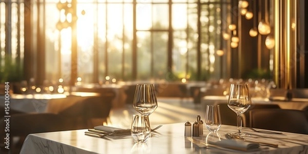 Obraz modern restaurant interior, soft golden hour light streaming through floor-to-ceiling windows
