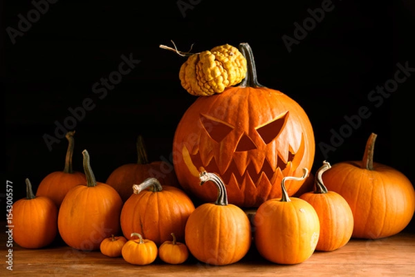 Obraz Scary jack-o'-lantern in center of tiny orange pumpkins on black background. Halloween-themed arrangement perfect for spooky decor and seasonal still life