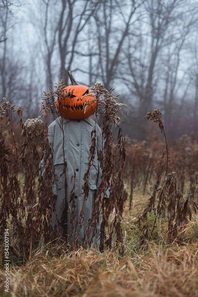 Obraz Scarecrow with carved pumpkin head and old cloak stands in misty autumn field. Halloween figure shown in foggy harvest setting with eerie seasonal mood