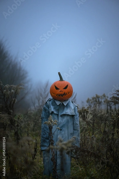 Obraz Scarecrow in an old torn cloak with a carved pumpkin head in misty autumn field. Halloween concept