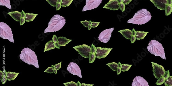 Fototapeta Seamless Purple and Green Leaves Pattern on Black Background