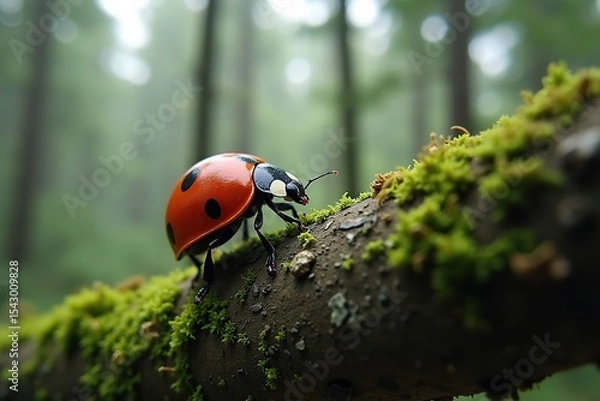 Fototapeta Ladybug resting on green grass or leaf in a close-up nature view