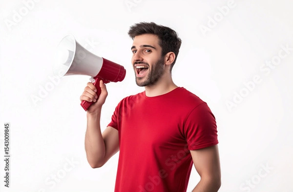 Fototapeta Young Handsome Indian Man with Megaphone – Sales Promotion & Advertising Concept, High-Resolution Studio Stock Photo with White Background & Copy Space