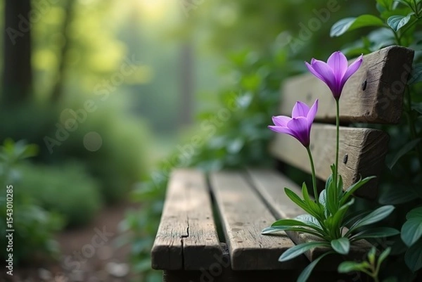 Fototapeta Flowers are placed on a wooden bench in a blooming garden setting