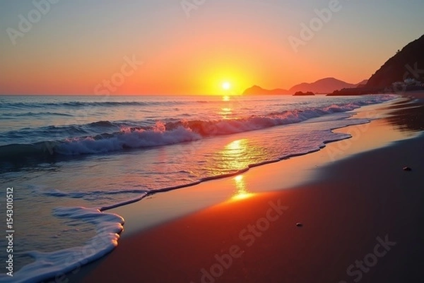 Fototapeta Sunset glowing over the calm beach and ocean with waves under colorful sky