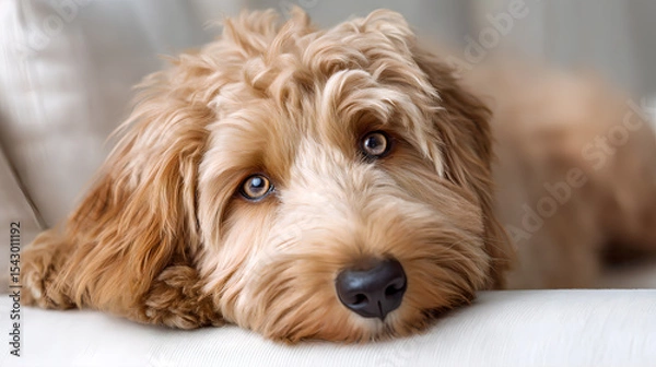 Obraz International Doodle Dog Day, a light brown doodle dog with sparkling eyes is relaxing on a white sofa. The dog looks like he wants to take a rest. AI generated images.