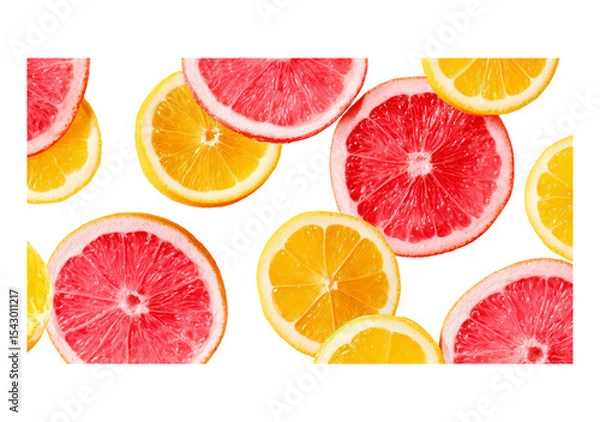 Fototapeta Bright citrus pattern with slices of grapefruit and lemon on transparent background, PNG