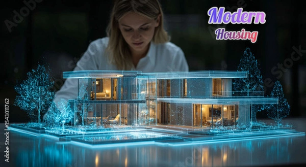 Fototapeta A real estate architect visualizes a smart house model on a futuristic digital interface, showcasing innovation, modern housing trends, and advanced property technology.