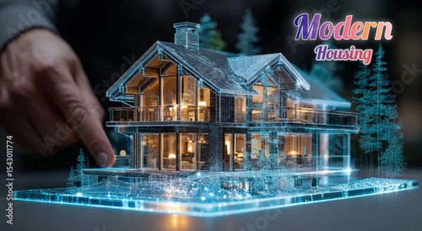 Fototapeta A real estate architect visualizes a smart house model on a futuristic digital interface, showcasing innovation, modern housing trends, and advanced property technology.