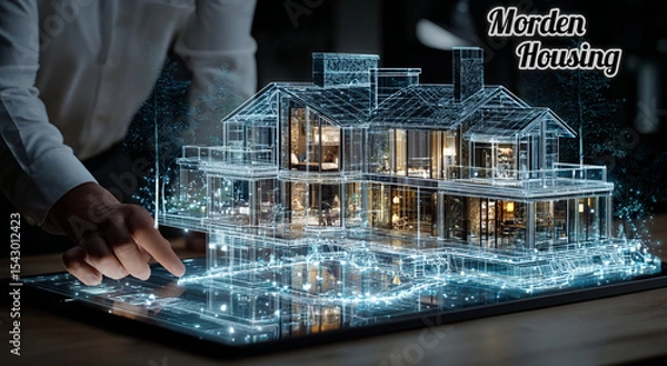 Fototapeta A real estate architect visualizes a smart house model on a futuristic digital interface, showcasing innovation, modern housing trends, and advanced property technology.