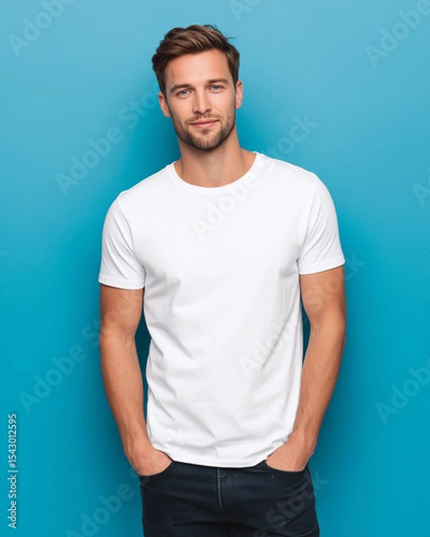 Fototapeta A man in a white shirt and blue jeans is smiling for the camera. Concept of confidence and positivity