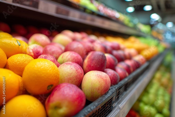 Fototapeta A fruit stand with apples and oranges. The apples are red and the oranges are orange