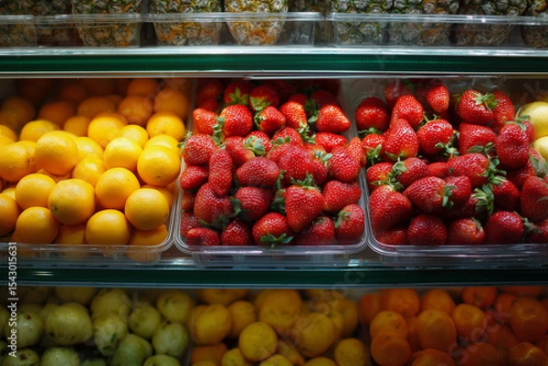 Fototapeta A fruit display with oranges, strawberries, and apples. The oranges are in a bin on the left, the strawberries are in a bin in the middle, and the apples are in a bin on the right