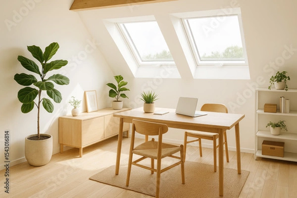 Fototapeta Modern Minimalist Workspace Featuring a Wooden Table, Plants, and Skylights in a Bright Room