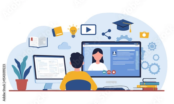Fototapeta Student Engaged in Online Learning and Virtual Class. This image effectively conveys the concept of remote education, e-learning, and virtual classrooms.