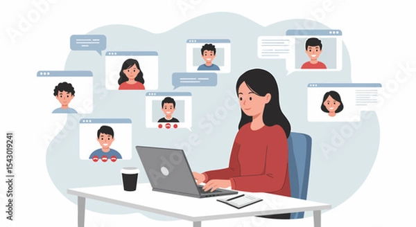 Fototapeta Woman Engaged in Online Group Video Call or Conference. A woman participates in an online group video call from her laptop.