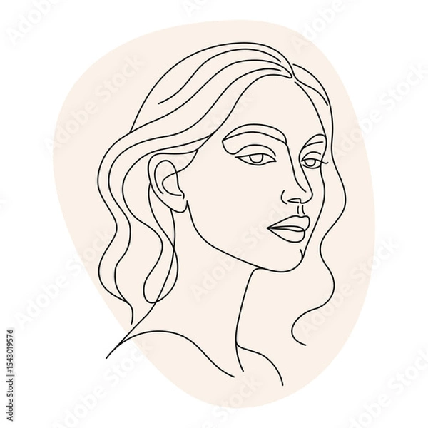 Fototapeta Minimalist one line drawing of a woman's face profile with a beige shape.