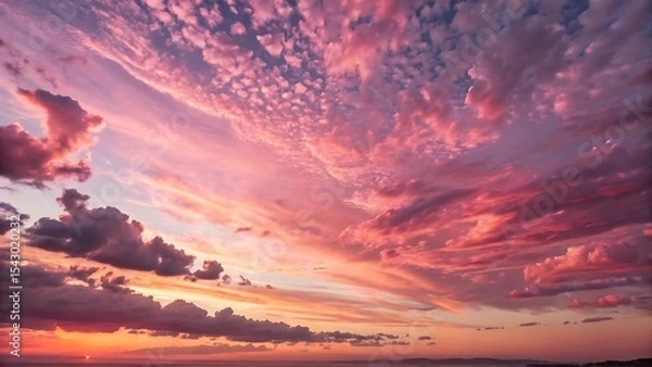 Fototapeta A photograph capturing a breathtaking view of a sunset with a sky filled with a beautiful array of pink-tinged clouds.