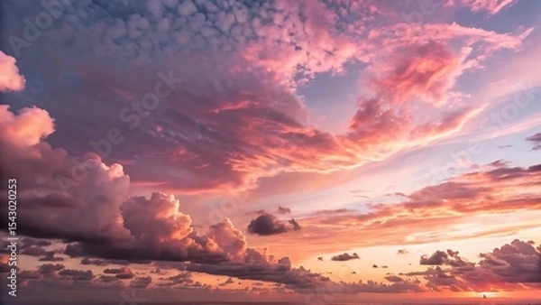 Fototapeta A photograph capturing a breathtaking view of a sunset with a sky filled with a beautiful array of pink-tinged clouds.