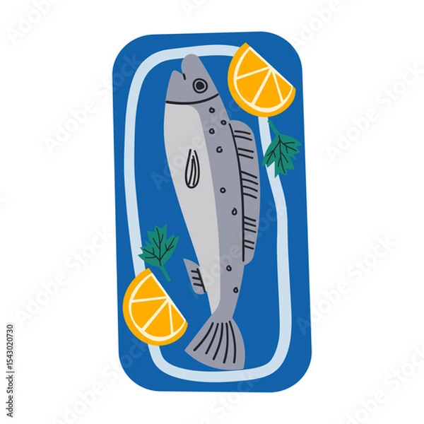 Obraz Healthy grilled whole fish on a plate vector illustration. Baked whole fish icon isolated on a white background. Fried fish with lemon,hand drawing illustration .