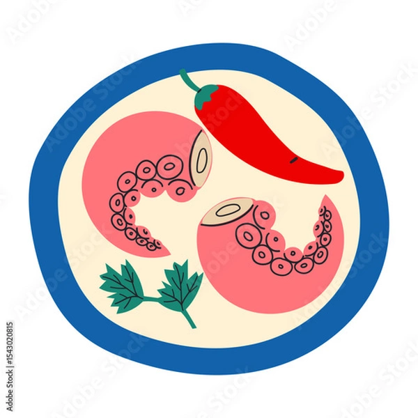 Obraz Different dishes from South Korean country traditional cuisine. Illustrations of Asian countries meals from above. Isolated vector food images . Octopus tentacles on plate