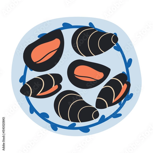 Obraz Mussels on plate isolated on white background, Fresh New Zealand mussels on illustration vector isolated on white background. Asian or Mediterranean sea food