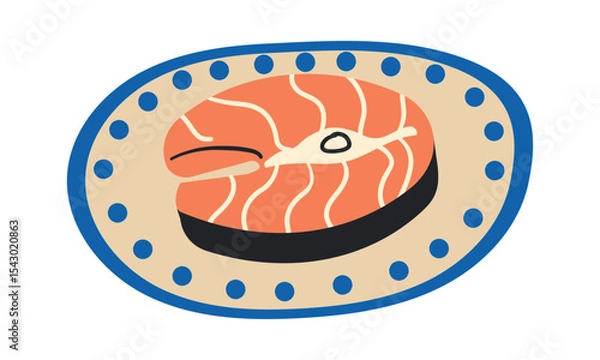 Obraz Grilled salmon fillet fish on plate. Cooked tuna steak . Cartoon vector sea food illustration isolate on white .