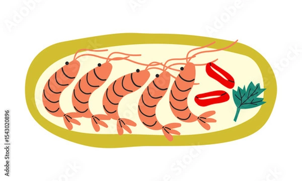 Obraz Set of shrimp tempura shrimp on plate for Asian or Mediterranean fast food and takeaway restaurants . Hand drawn illustration isolate on white .