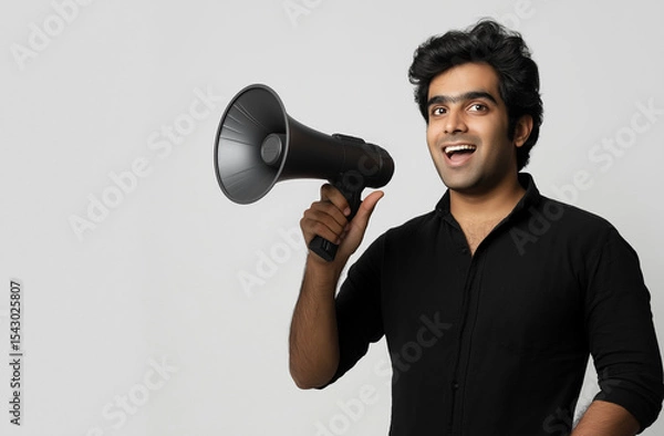 Fototapeta Young Handsome Indian Man with Megaphone – Sales Promotion & Advertising Concept, High-Resolution Studio Stock Photo with White Background & Copy Space
