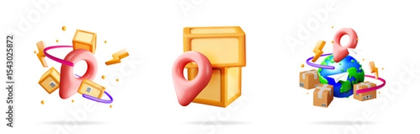 Fototapeta Shipping location pin 3d icon for delivery service. Fast parcel transfer with cardboard box. Global logistics.
