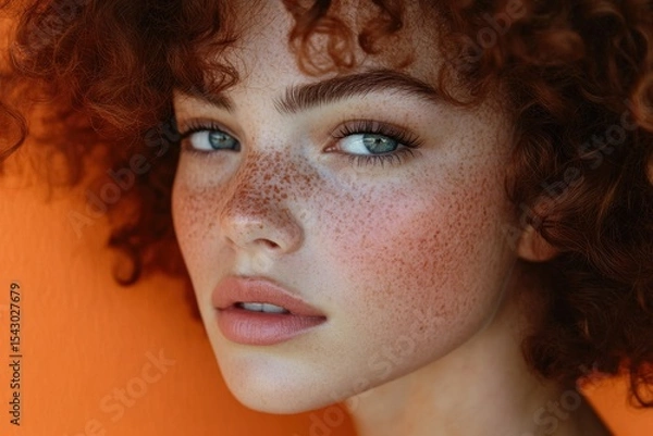 Obraz Stunning Portrait of a Young Woman with Freckles and Curly Hair Against a Vibrant Orange Background, Highlighting Her Striking Features and Natural Beauty.
