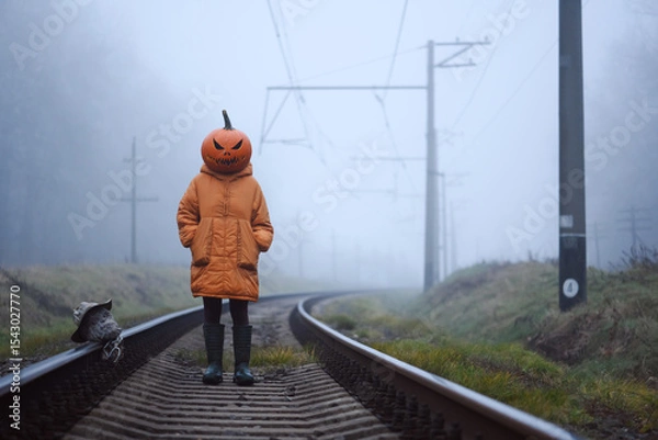 Obraz Halloween girl in pumpkin mask with scarecrow severed head poses on abandoned train tracks in thick autumn fog. Creepy railway moment with mysterious mood and fall holiday style