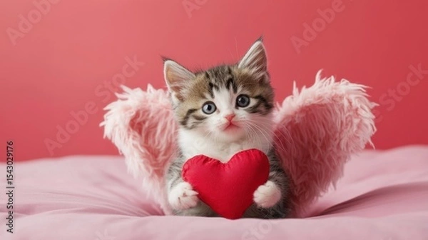 Obraz A Cute Kitten with Heart-Shaped Pillow and Angel Wings, Exuding Affection and Playfulness in a Charming Pink Setting