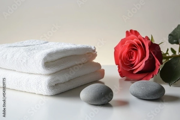Obraz A Serene Spa Arrangement Featuring White Towels, Smooth Stones, and a Beautiful Red Rose for a Relaxing Atmosphere