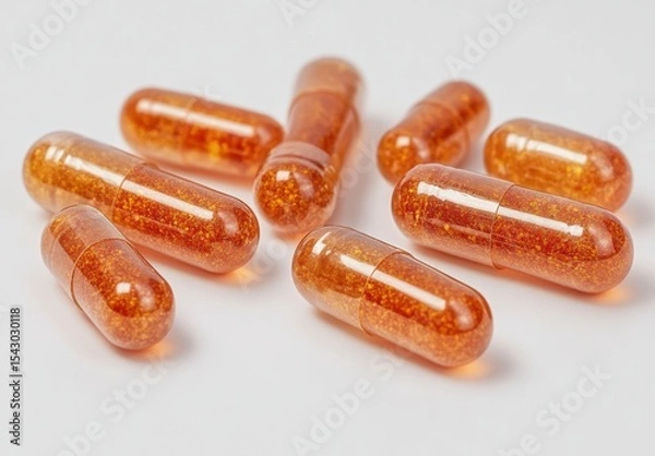 Obraz Close-Up View of Shiny Amber Capsules Displaying Their Vibrant Color and Unique Texture on a Clean Surface