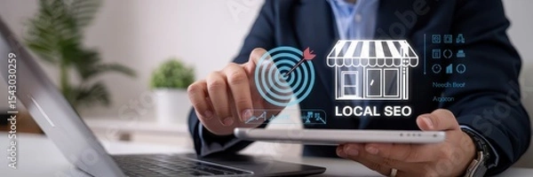 Fototapeta Businessperson interacting with a local SEO concept on a tablet.