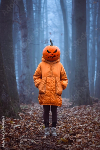 Obraz Girl in orange jacket with a spooky carved pumpkin head on Halloween in the misty autumn forest. Fall holiday concept