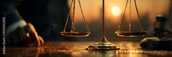 Fototapeta Balanced justice scales and wooden gavel on legal consultation table with professional gesture at sunset, symbolizing fairness and due process in modern law practice