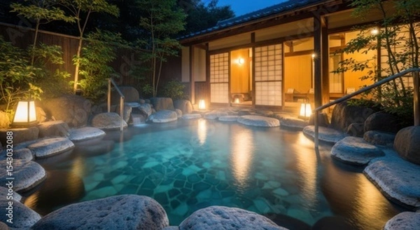 Obraz Serene Outdoor Onsen at Dusk in Japanese Garden