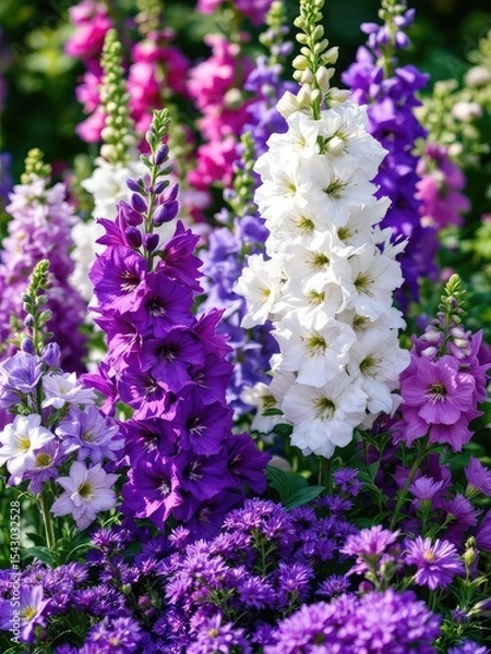 Obraz A vibrant display of colorful delphiniums and other flowers in a garden setting on a sunny day