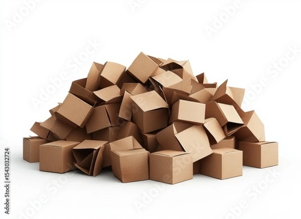 Obraz A Large Pile of Unpacked Cardboard Boxes Stacked Together, Showcasing Various Sizes and Orientations, Set Against a Plain White Background