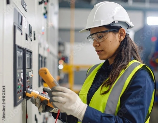 Obraz A female technician wearing safety gear inspects electrical control panels using testing devices in an industrial setting.