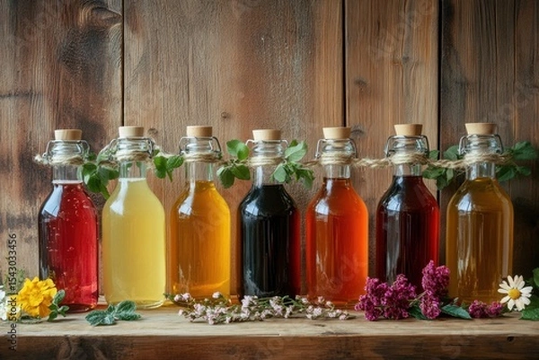 Obraz Bright display of colorful bottles with herbal infusions of fermented kombucha drinks rich in probiotics and healthy on rustic wooden table
