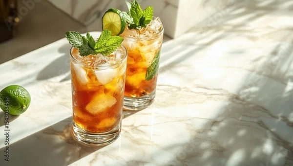 Obraz Refreshing Beverages with Mint and Lime Garnish Showcasing Ice in Glasses on a Marble Surface, Perfect for a Relaxing Summer Day or Gathering