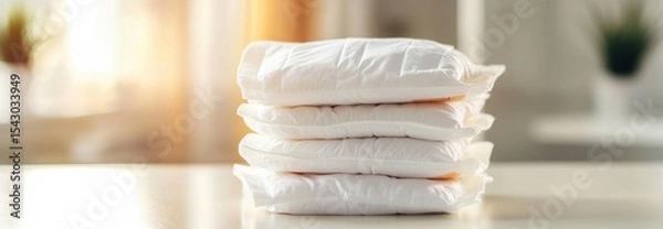 Obraz A neatly folded collection of soft white diapers, bathed in natural light, creates a cozy and welcoming atmosphere in the nursery.