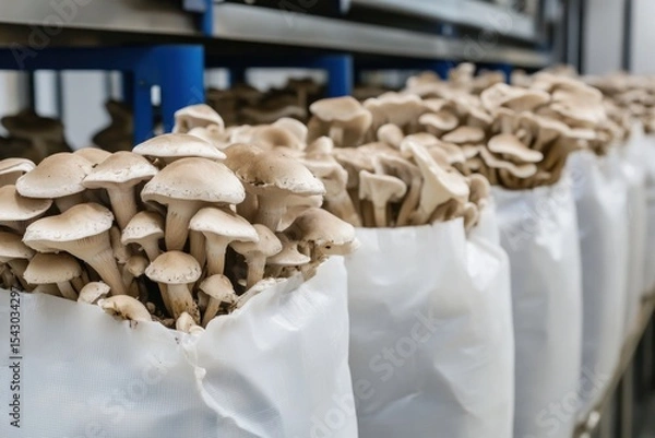 Obraz An Abundance of Freshly Harvested Mushrooms Displayed in White Bags in a Controlled Farming Environment, Showcasing Agricultural Innovation and Sustainability