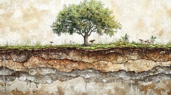 Fototapeta hand-drawn look cutaway of tree, fungi network, and layered soil .