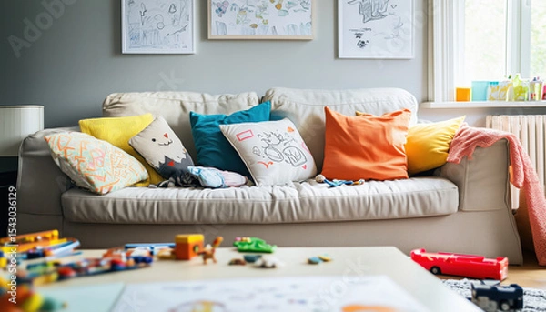 Obraz Bright and Cheerful Living Room with Colorful Pillows, Family Artwork, and Playful Decor, Creating a Warm and Inviting Atmosphere for Relaxation. creative cozy mess in the kids room