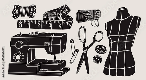 Fototapeta Sewing equipment, tools, accessories set. Mannequin, threads, needles, scissors, buttons, sewing machine, ruler. Monochrome trendy style. Hand drawn Vector illustration. Isolated design elements